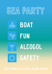 Fun boat party banner template with simple icons on the gradient summer background. A4 scaled vector poster. Invitation flyer for boat club