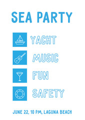 Sea party poster design. Clean flyer template with icons and sample text on the white background. A4 scaled vector banner