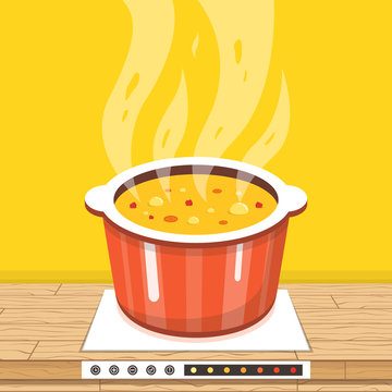 Cooking soup in pan. Pot on stove with steam. Wooden worktop. Vector illustration.