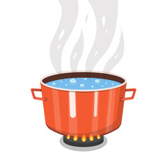 Boiling water in pan. Cooking pot on stove with water and steam. Vector illustration.