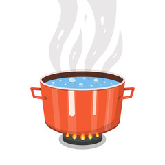 Boiling water in pan. Cooking pot on stove with water and steam. Vector illustration.