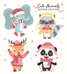 Cute happy pastel wild animals in winter costume theme collection flat vector
