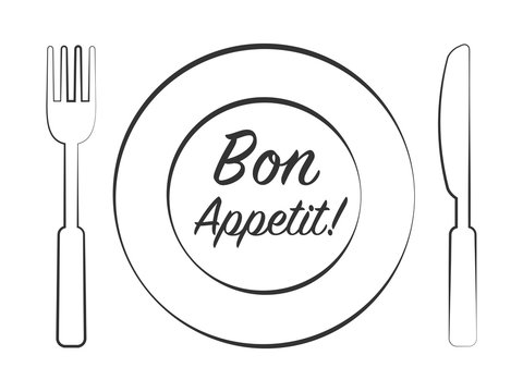Dinner plate with knife and fork. Bon Appetit Design card. Vector illustration.