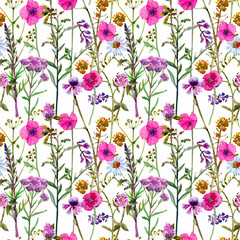 graceful seamless pattern with meadow grasses and flowers on white background. watercolor painting