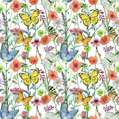 pretty seamless pattern with meadow flora and butterflies on white background. watercolor painting