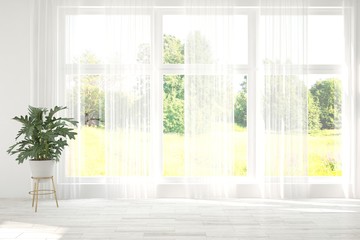 Stylish empty room in white color with summer landscape in window. Scandinavian interior design. 3D illustration