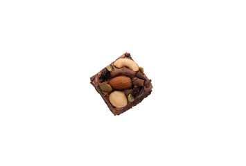 brownie with almond and macadamia on isolated white background