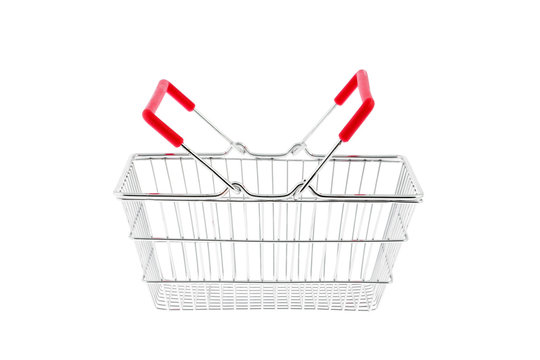 Close up of mini metal red shopping hand basket isolated on white background