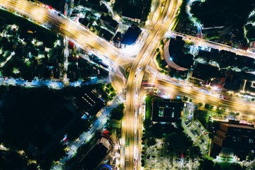 Traffic Circle Aerial View - Traffic concept image, gongguan traffic circle birds eye night view use the drone in Taipei, Taiwan.