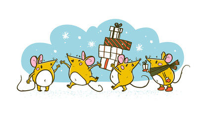 Vector Merry Christmas hand drawn funny mouse character in scarf walk, jump wave happy, carry pile of gift box on white background. For xmas card, print, gift decor, sticker, congratulation packaging.