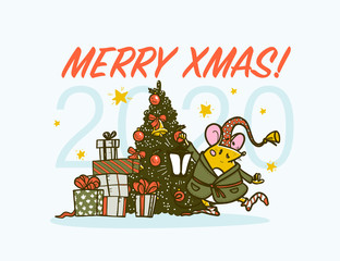 Vector Merry Christmas hand drawn happy mouse character in sleeping hat with lantern at fir tree with presents on white background. For xmas card, print, gift decor, sticker, congratulation packaging.