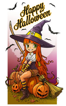 Cartoon colorful cute little redhead smiling witch in big hat with broom sitting on orange pumpkins On violet background with bats. Happy Halloween postcard. Vector icon.