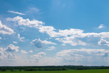 The sky with fluffy clouds in Sunny weather over green a glade