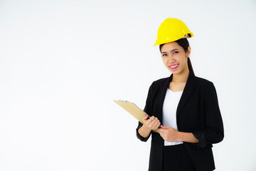 Portrait young engineer women wearing a black suit and Yellow Safety helmet With clipboard and document in hand Construction and architectural industry a copy space isolated on white background studio