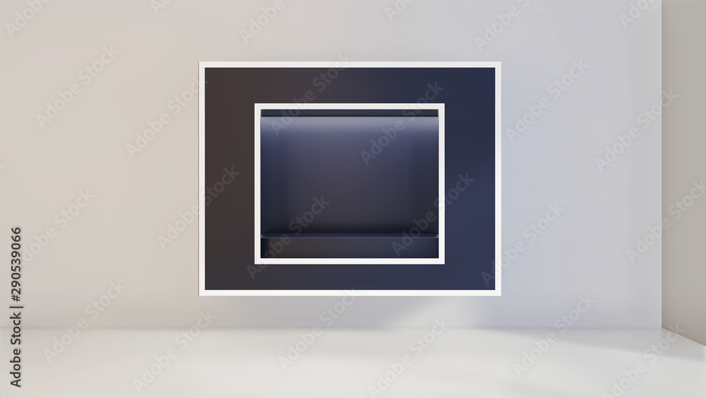 Poster shop window display, empty storefront with light, showcase mock up 3d rendering.
