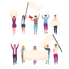 Naklejka premium Protesters with blank placards flat vector characters set. Political protest, social movement participants holding empty banners. Human rights protection manifestation isolated cartoon illustrations