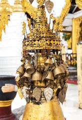 Detail of bells in Shwedagon pagoda in a rainy day.  Yangon, Rangoon, Burma, Mianmar.