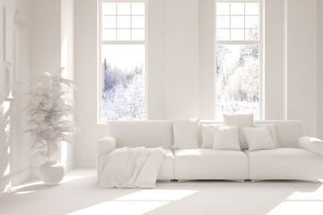 Mock up of stylish room in white color with sofa and winter landscape in window. Scandinavian interior design. 3D illustration