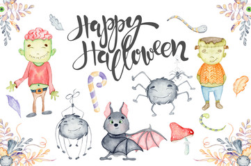 Watercolor set with cute Halloween cartoon characters