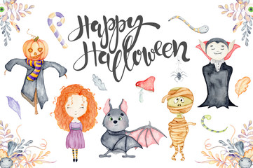 Watercolor set with cute Halloween cartoon characters
