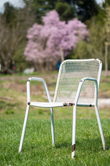 Verlassener wei&szlig;er Stuhl im beginnenden Fr&uuml;hling