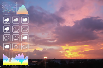 Weather forecast symbol data presentation with graph and char of dramatic atmosphere panorama view of beautiful twilight sky and clouds in summer.