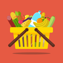 Shopping basket with two handle. Food and drink products in basket. Concept for online grocery ordering. Vector flat illustration.