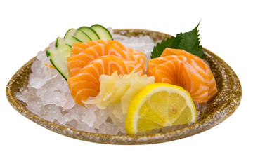 Hamachi Salmon Sashimi with shredded white radish on white isolated .