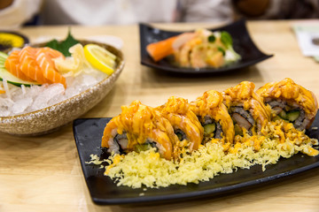 Salmon Ikura don. Raw salmon with rice. focus selective.