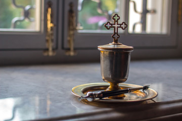 still life, Church utensils set for the anointing