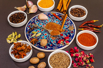 Ingredients for preparation oriental spice Ras el Hanout