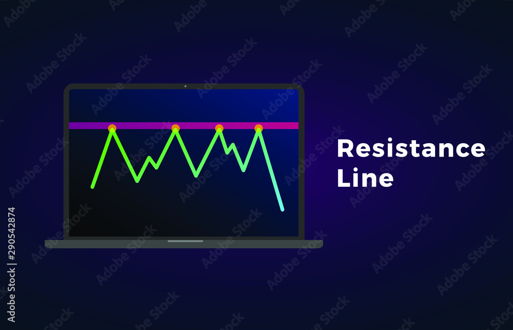 Poster resistance level line flat icon with laptop and text - chart pattern figure technical analysis. vect