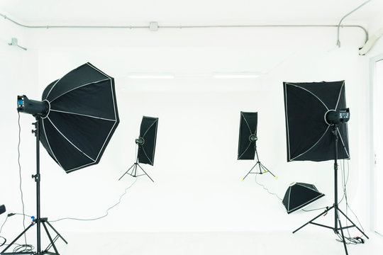 photography studio Empty with lighting and spotlight equipment . copy space or insert model