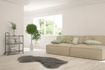 Stylish room in white color with sofa. Scandinavian interior design. 3D illustration