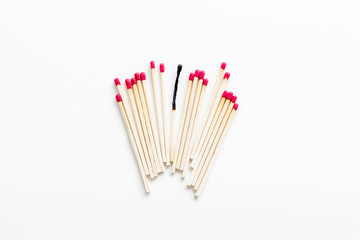 Symbol of danger with matches on white background top view