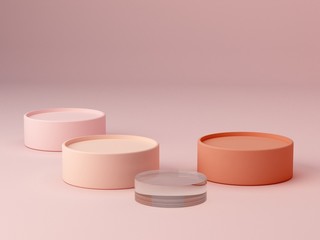 Abstract minimal scene with geometrical forms. Cylinder podiums in cream colors. Abstract background. Scene to show cosmetic podructs. Showcase, shopfront, display case. 3d render. 