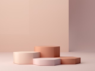 Abstract minimal scene with geometrical forms. Cylinder podiums in cream colors. Abstract background. Scene to show cosmetic podructs. Showcase, shopfront, display case. 3d render. 
