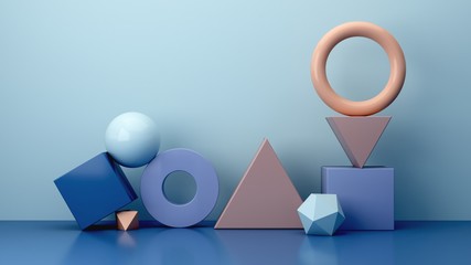 Realistic primitives composition. Set of shapes on blue wall background. Abstract theme for trendy designs. Geometric sphere, torus, polyhedron, cylinder in purple, blue and cream colors. 3d render.