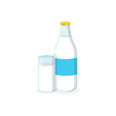 Kefir bottle and glass isolated on background. Flat vector illustration.