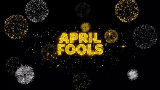 April fools Text Reveal on Glitter Golden Particles Firework. Sale, Discount Price, Off Deals, Offer promotion offer percent discount ads 4K Loop Animation.