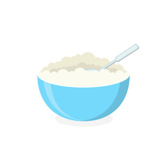 Cottage cheese in bowl isolated on background. Dairy product. Vector flat Illustration.