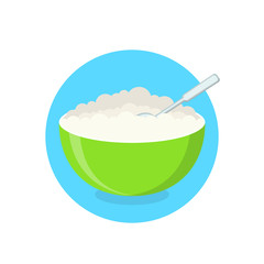Cottage cheese in bowl isolated on background. Dairy product. Vector flat Illustration.