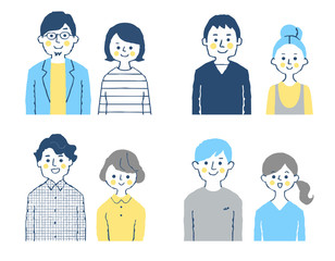 4 sets of  smiling young couples, upper body