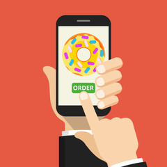 Hand holding smartphone with donut on the screen. Order fast food concept. Flat vector illustration.