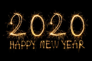 Happy New Year 2020. Creative text Happy New Year 2020 written sparkling sparklers isolated on black background for design，Merry Christmas