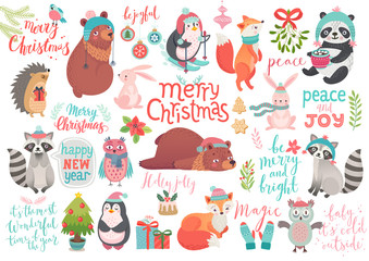 Christmas set, hand drawn style - calligraphy, animals and other elements.