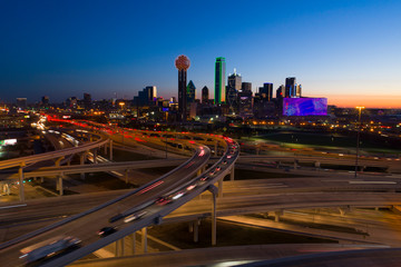 Dallas skyline aerial Highways twilight