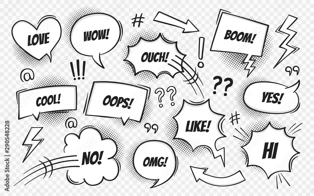 Poster comic book text speech bubble in pop art style with halftone shadows. talk chat retro speak message 