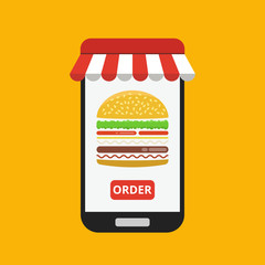 Smartphone with hamburger on the screen. Order fast food concept. Flat vector illustration.