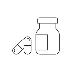 Pharmaceutical drugs line icon on white background. Pills with bottle vector illustration. Editable stroke